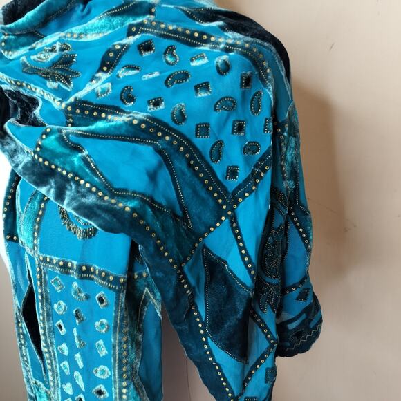 Teal Crushed Velvet Scarf Paisley Floral Geometric Sheer 58" x 9.5" - Picture 13 of 13